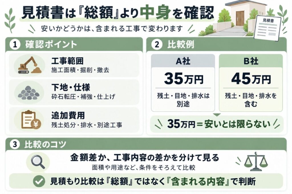 庭をコンクリートにする費用の見積もり比較ポイントを解説した図解。施工面積・掘削・撤去などの工事範囲、砕石転圧・補強・仕上げなどの下地仕様、残土処分・排水・別途工事などの追加費用を確認し、A社35万円とB社45万円の例から、総額だけでなく見積もりに含まれる工事内容を比較する重要性を示しています。