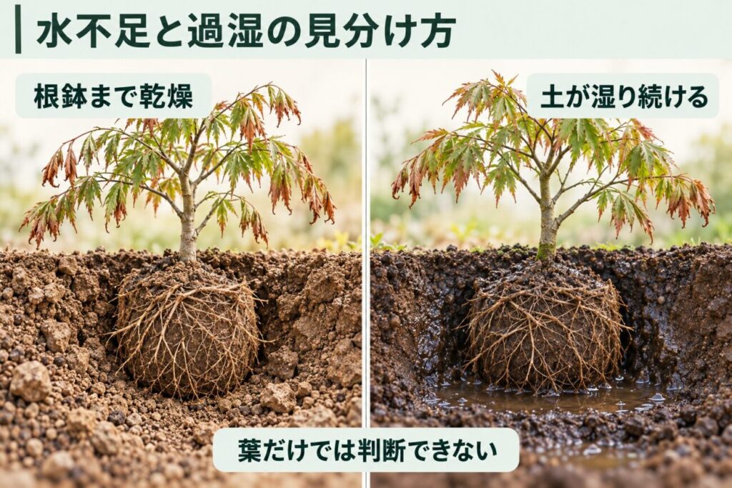 庭木の植え替え後に起こる水不足と過湿の違いを比較した図解。根鉢まで乾燥したモミジと、土が湿り続けるモミジを土壌断面で示し、どちらも葉がしおれるため、葉の症状だけでは原因を判断できないことを解説している。
