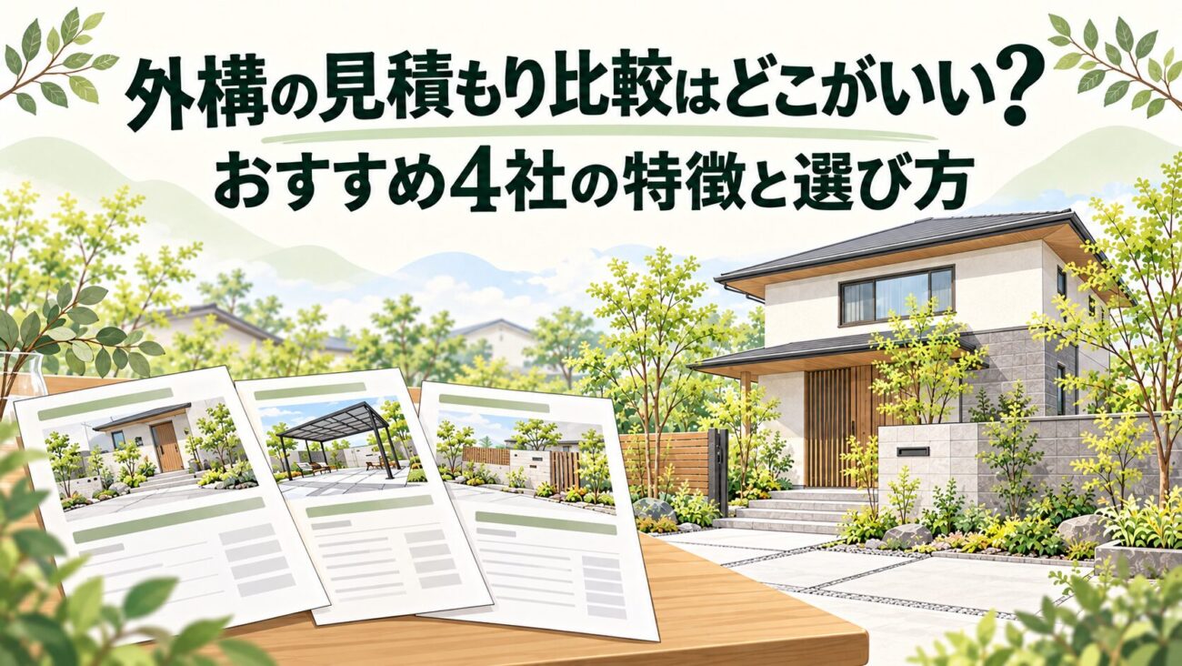 外構の見積もり比較におすすめの4サービスの特徴と選び方を紹介するアイキャッチ画像。和モダン住宅の外構デザインを背景に、3枚の見積書と施工プランを並べたイラスト。タウンライフ、リショップナビ、ガーデンプラス、エクスショップを比較し、新築外構・庭リフォーム・外構一式・カーポートやフェンスなどの単品工事に合った相談先を選ぶためのガイド。