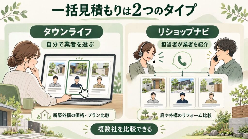 外構一括見積もりサイトの2つの仕組みを比較した図解。タウンライフは利用者が候補から外構業者を選び、リショップナビはコンシェルジュが希望を聞いて業者を紹介する方式。新築外構と庭リフォームでの見積もり比較方法の違いをイラストで解説。