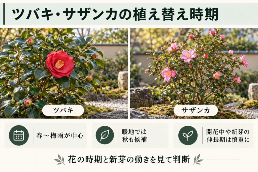 ツバキとサザンカの植え替え時期を解説する比較図。赤い花を咲かせるツバキとピンク色の花を咲かせるサザンカを写真で紹介し、春から梅雨を中心とした移植の適期や、暖地での秋の植え替え、開花中や新芽の伸長期の注意点を説明。