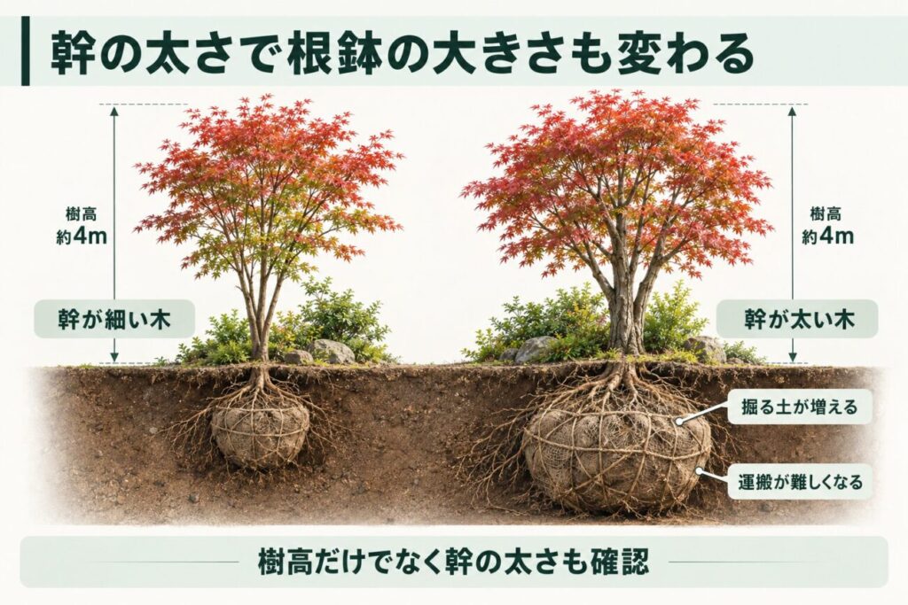 庭木の幹の太さによって根鉢の大きさが変わる仕組みを示した断面図。樹高約4mの幹が細いモミジと太いモミジを比較し、太い木ほど必要な根鉢が大きくなり、掘り取る土の量や重量が増えて運搬費用に影響することを解説。