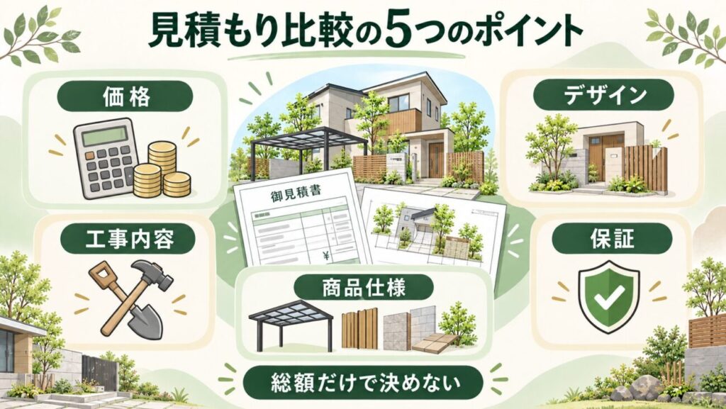 外構見積もりを比較するときに確認したい5つのポイントをまとめた図解。工事価格、外構デザイン、工事内容、商品仕様、保証について、住宅の完成イメージや見積書、工具、フェンス部材、保証マークを使って解説。総額の安さだけで外構業者を選ばないためのチェック項目を紹介。