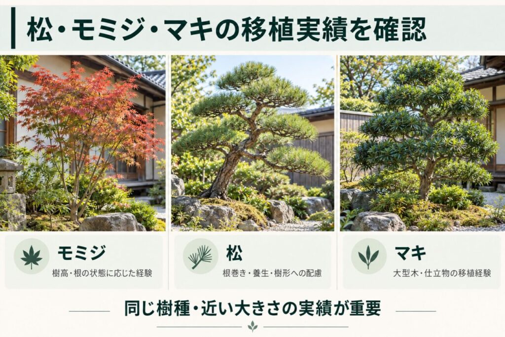 松・モミジ・マキの植え替え業者を選ぶ際に確認したい移植実績の比較図解。和風庭園に植えられた3種類の庭木を写真風に並べ、モミジは樹高や根の状態に応じた移植経験、松は根巻きや養生と樹形への配慮、マキは大型木や仕立物の移植経験が重要であることを説明している。