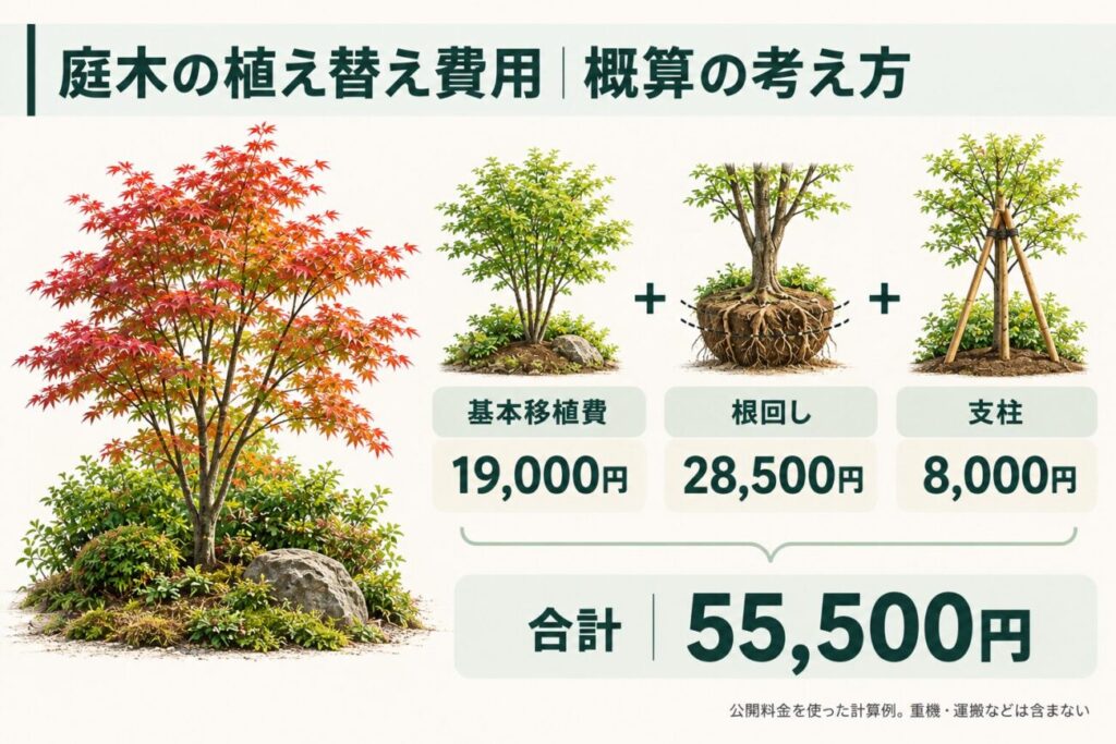 庭木の植え替え費用を概算する計算例を示した図解。モミジの植え替えを想定し、基本移植費19,000円、根回し28,500円、支柱8,000円を合計した55,500円の料金内訳を紹介。実際には重機や運搬費などが別途必要になる場合があることも説明。