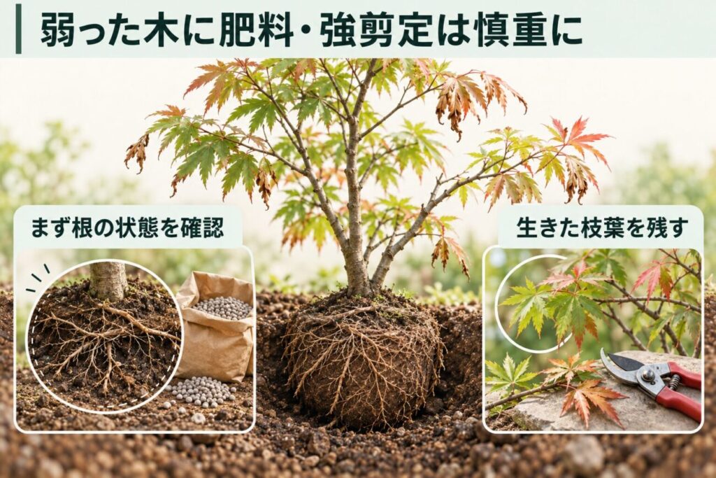 植え替え後に弱った庭木へ肥料や強剪定を行う際の注意点を示した図解。葉先が傷んだモミジと根鉢の断面を中心に、肥料袋と根の状態、剪定ばさみと生きた枝葉を配置し、施肥や大幅な剪定を急がず根の状態を優先して確認することを説明している。
