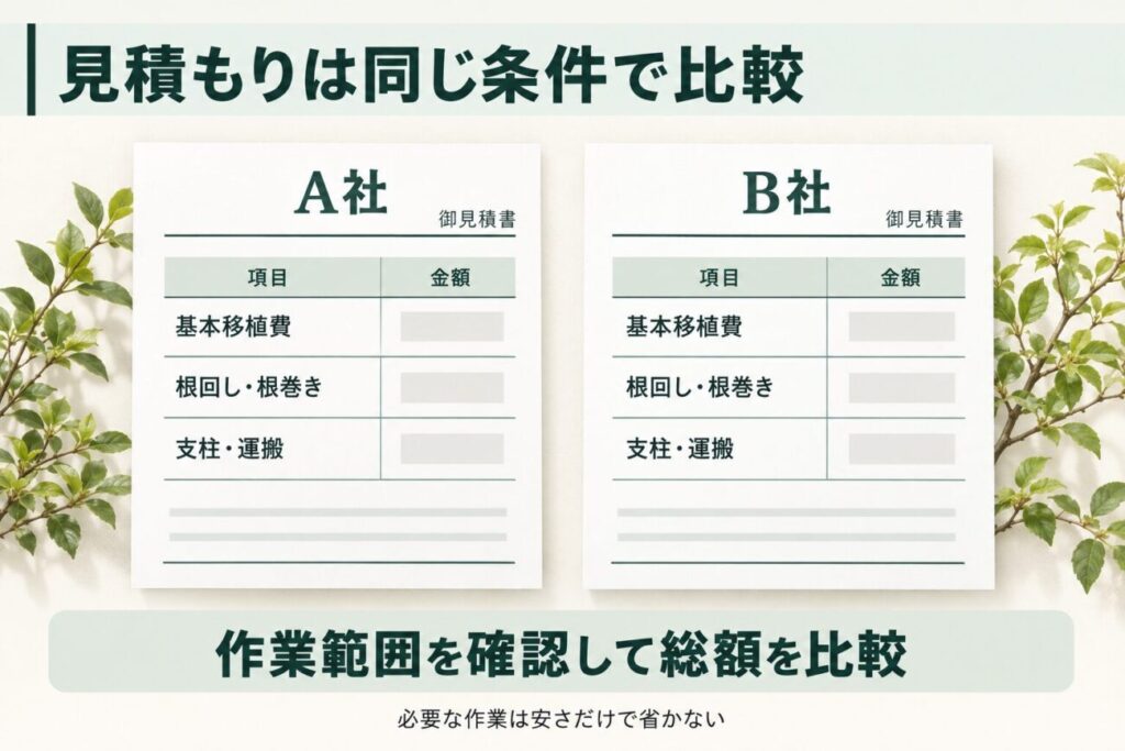 庭木の植え替え費用を複数の業者で比較する際の確認ポイントを示した図解。A社とB社の見積書を並べ、基本移植費、根回し・根巻き、支柱・運搬の作業項目を同じ条件で比較。必要な作業を省かず、施工範囲と追加料金を確認して総額で判断する方法を紹介。
