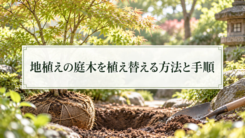 地植えの庭木を植え替える方法と手順を解説。根鉢を保護した庭木と植え穴、スコップを配置し、根回し・掘り取り・植え付けの基本を紹介する見出し画像。