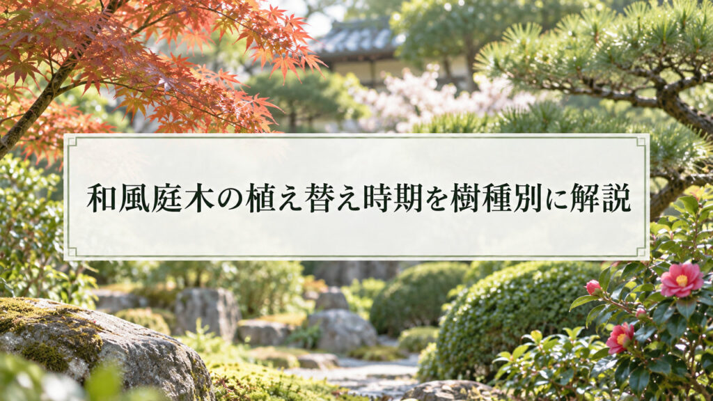 和風庭木の植え替え時期を樹種別に解説。モミジ・松・ツバキなどが植えられた日本庭園を背景に、庭木の種類による移植適期の違いを紹介する見出し画像。